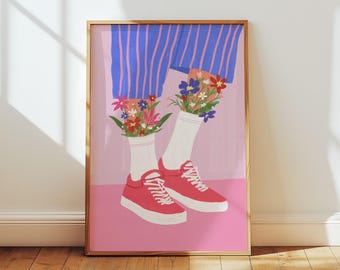 Grillige modeprint, schoenen met bloemen, girly muurkunst