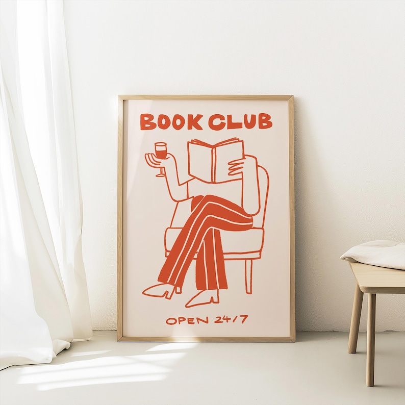 Book Club Wall Art, Reading Nook Decor, Bookish Gift, Wine Lover Print, Cozy Home Decor, Library Art, Bookshelf decor, Framed Book Art