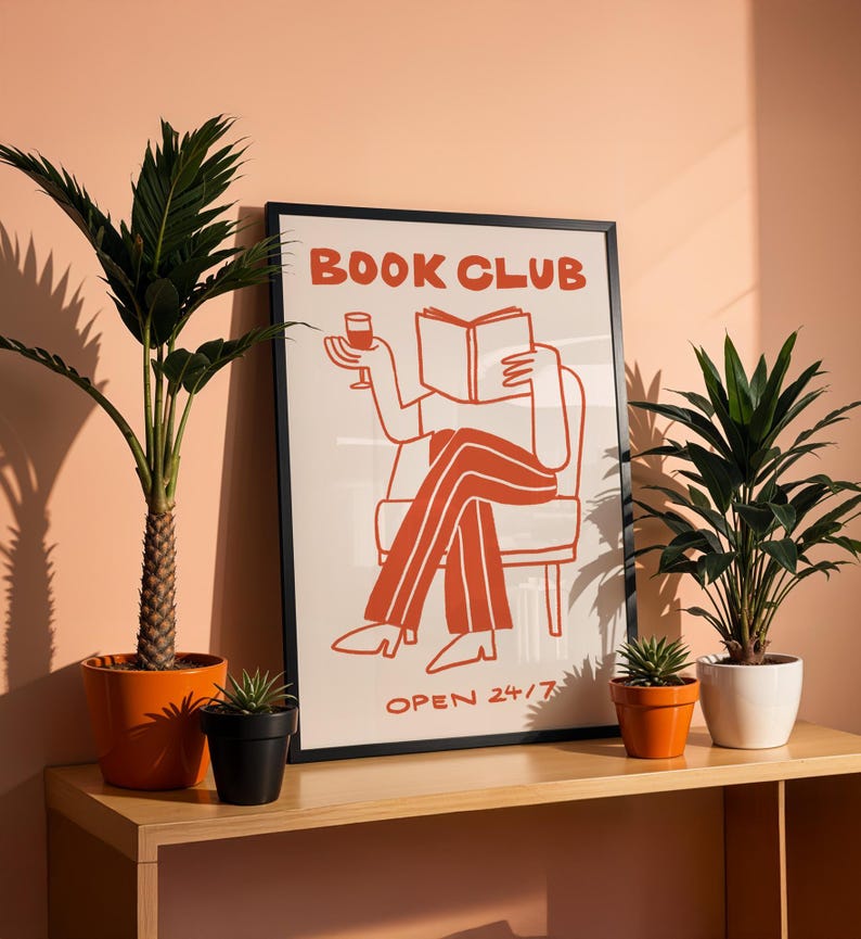 Book Club Wall Art, Reading Nook Decor, Bookish Gift, Wine Lover Print, Cozy Home Decor, Library Art, Bookshelf decor, Framed Book Art
