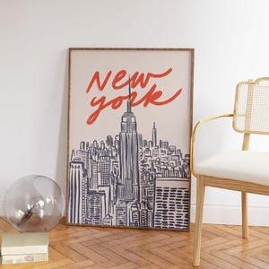 Classic hand drawn illustration of iconic Manhattan skyline featuring Empire State Building and city silhouettes, vintage inspired urban line art capturing New York City's architectural beauty, retro travel poster style with timeless black and white design, minimalist NYC cityscape perfect for modern home office gallery wall, artistic interpretation of Big Apple's famous buildings and landmarks