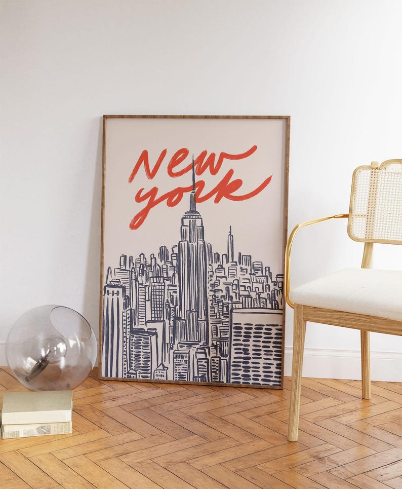 Classic hand drawn illustration of iconic Manhattan skyline featuring Empire State Building and city silhouettes, vintage inspired urban line art capturing New York City's architectural beauty, retro travel poster style with timeless black and white design, minimalist NYC cityscape perfect for modern home office gallery wall, artistic interpretation of Big Apple's famous buildings and landmarks