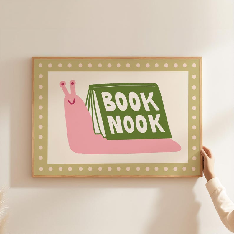 Playful pink book snail illustration with Book Nook text. Contemporary maximalist art print featuring retro-inspired design. Funky bookish wall decor, groovy library art, bibliophile gift print