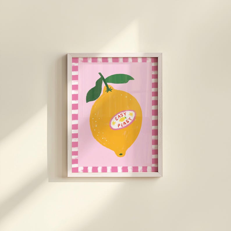 Cheerful hand drawn lemon illustration with playful easy peasy typography, bright yellow citrus fruit wall art in dopamine art style, modern kitchen print with quirky lettering and fun fruit doodles, maximalist summer decor featuring bold colors and happy vibes, trendy food art perfect for kitchen gallery wall, retro inspired fruit illustration with positive message, funky home decor with fresh citrus theme