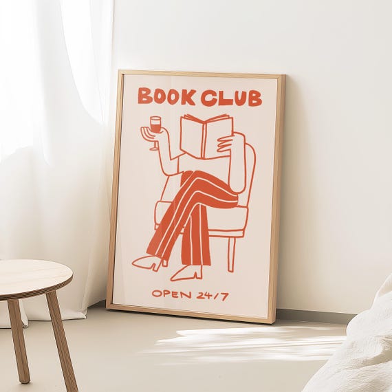 Book Club Wall Art, Reading Nook Decor, Bookish Gift, Wine Lover Print, Cozy Home Decor, Library Art, Bookshelf decor, Framed Book Art