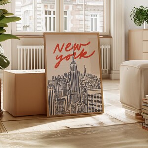 Classic hand drawn illustration of iconic Manhattan skyline featuring Empire State Building and city silhouettes, vintage inspired urban line art capturing New York City's architectural beauty, retro travel poster style with timeless black and white design, minimalist NYC cityscape perfect for modern home office gallery wall, artistic interpretation of Big Apple's famous buildings and landmarks