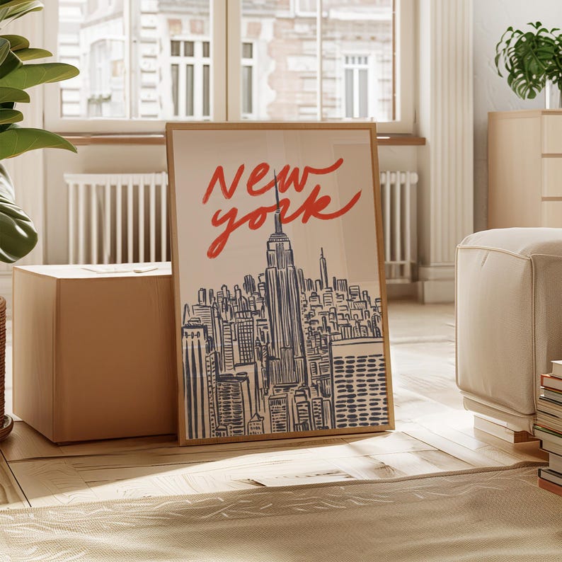 Classic hand drawn illustration of iconic Manhattan skyline featuring Empire State Building and city silhouettes, vintage inspired urban line art capturing New York City's architectural beauty, retro travel poster style with timeless black and white design, minimalist NYC cityscape perfect for modern home office gallery wall, artistic interpretation of Big Apple's famous buildings and landmarks