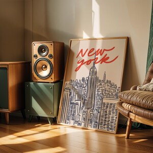 Classic hand drawn illustration of iconic Manhattan skyline featuring Empire State Building and city silhouettes, vintage inspired urban line art capturing New York City's architectural beauty, retro travel poster style with timeless black and white design, minimalist NYC cityscape perfect for modern home office gallery wall, artistic interpretation of Big Apple's famous buildings and landmarks