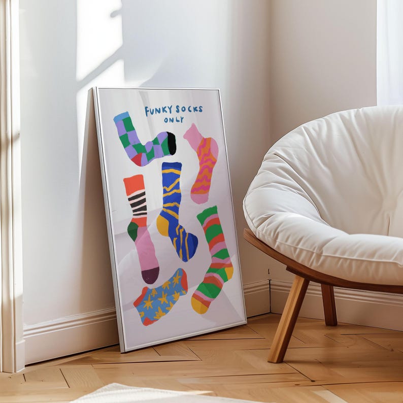 Maximalist illustration featuring a collection of vibrant patterned socks arranged in a playful composition. Perfect for maximalist decor enthusiasts, sock collectors, fashion lovers looking for unique wall art. Ideal decoration for laundry rooms, mudrooms, walk in closets, teen bedrooms, dorm rooms, or any space needing a pop of personality. Hand drawn illustration with dopamine color palette and retro inspired patterns brings quirky character to contemporary interiors.