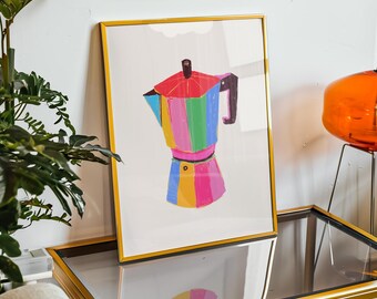 Coffee Pot Wall Art Print, Rainbow Kitchen Decor, Coffee Bar Sign, Colorful Cafe Print, Coffee Lover Gift, More Coffee Print, Coffee Club