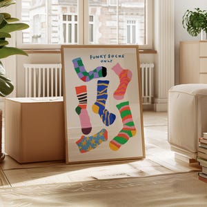 Maximalist illustration featuring a collection of vibrant patterned socks arranged in a playful composition. Perfect for maximalist decor enthusiasts, sock collectors, fashion lovers looking for unique wall art. Ideal decoration for laundry rooms, mudrooms, walk in closets, teen bedrooms, dorm rooms, or any space needing a pop of personality. Hand drawn illustration with dopamine color palette and retro inspired patterns brings quirky character to contemporary interiors.