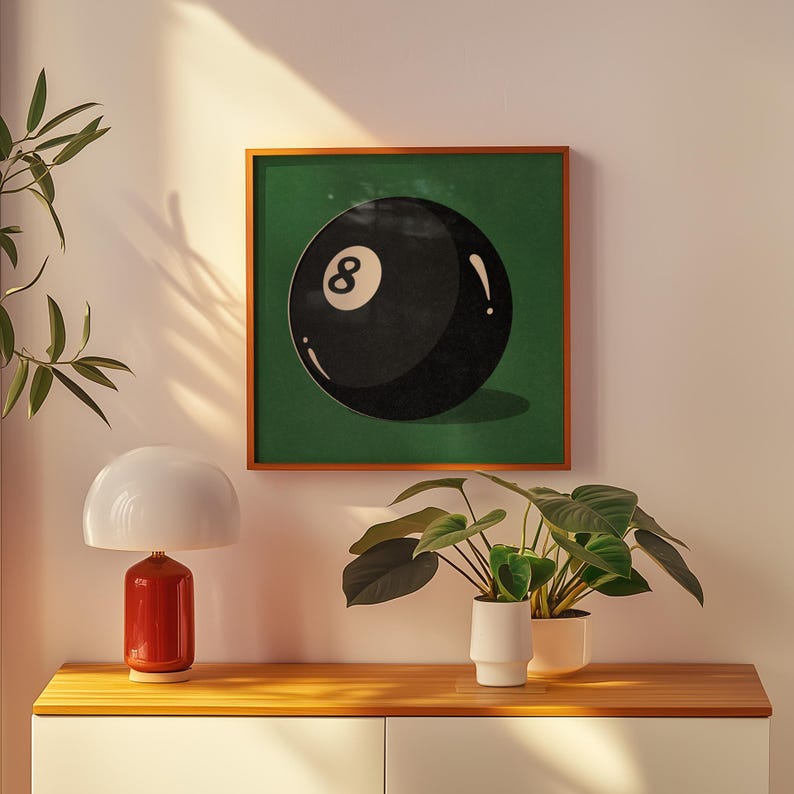 Retro-styled illustration featuring the iconic eight ball from billiards, designed with vintage appeal and classic gaming nostalgia. Art print perfectly suited for pool rooms, man caves, game rooms, sports bars, or den areas. Traditional billiards memorabilia inspired artwork with timeless appeal for vintage sports decor enthusiasts.
