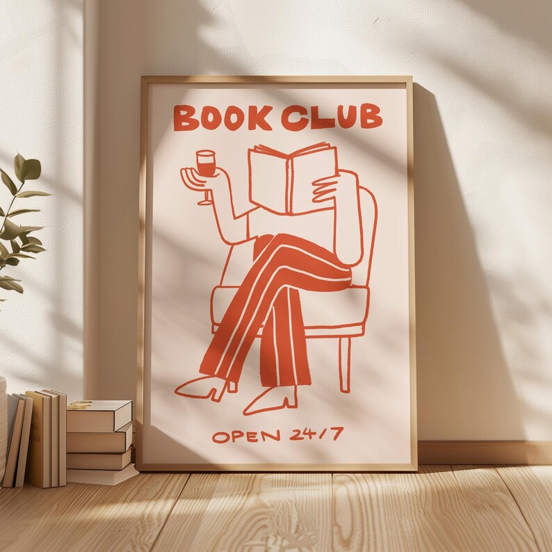 Book Club Wall Art, Reading Nook Decor, Bookish Gift, Wine Lover Print, Cozy Home Decor, Library Art, Bookshelf decor, Framed Book Art