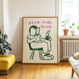 Lies mehr Bücher Kunstdruck, Retro Bibliothek Dekor (Digitaler Download)