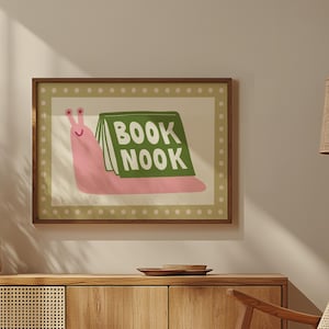 Playful pink book snail illustration with Book Nook text. Contemporary maximalist art print featuring retro-inspired design. Funky bookish wall decor, groovy library art, bibliophile gift print