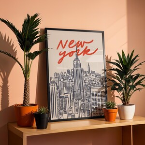 Classic hand drawn illustration of iconic Manhattan skyline featuring Empire State Building and city silhouettes, vintage inspired urban line art capturing New York City's architectural beauty, retro travel poster style with timeless black and white design, minimalist NYC cityscape perfect for modern home office gallery wall, artistic interpretation of Big Apple's famous buildings and landmarks