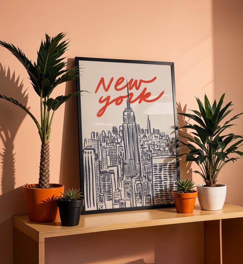 Classic hand drawn illustration of iconic Manhattan skyline featuring Empire State Building and city silhouettes, vintage inspired urban line art capturing New York City's architectural beauty, retro travel poster style with timeless black and white design, minimalist NYC cityscape perfect for modern home office gallery wall, artistic interpretation of Big Apple's famous buildings and landmarks