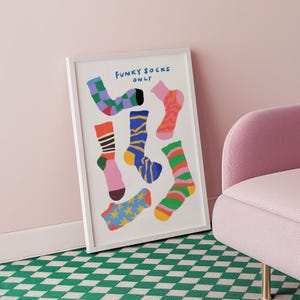 Maximalist illustration featuring a collection of vibrant patterned socks arranged in a playful composition. Perfect for maximalist decor enthusiasts, sock collectors, fashion lovers looking for unique wall art. Ideal decoration for laundry rooms, mudrooms, walk in closets, teen bedrooms, dorm rooms, or any space needing a pop of personality. Hand drawn illustration with dopamine color palette and retro inspired patterns brings quirky character to contemporary interiors.