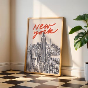 Classic hand drawn illustration of iconic Manhattan skyline featuring Empire State Building and city silhouettes, vintage inspired urban line art capturing New York City's architectural beauty, retro travel poster style with timeless black and white design, minimalist NYC cityscape perfect for modern home office gallery wall, artistic interpretation of Big Apple's famous buildings and landmarks