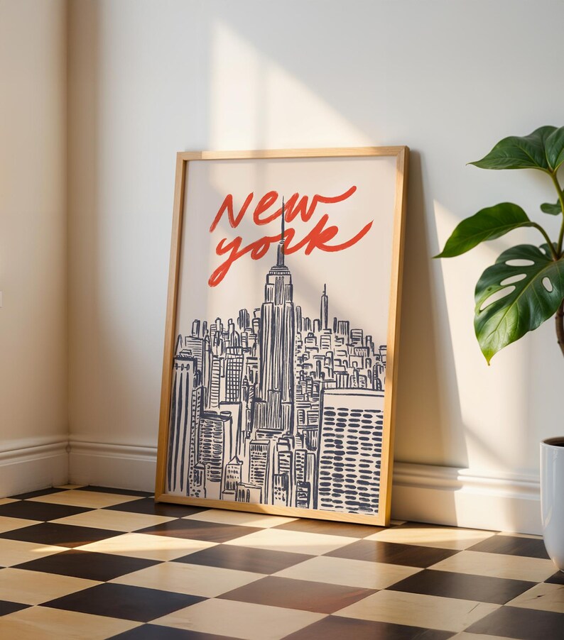 Classic hand drawn illustration of iconic Manhattan skyline featuring Empire State Building and city silhouettes, vintage inspired urban line art capturing New York City's architectural beauty, retro travel poster style with timeless black and white design, minimalist NYC cityscape perfect for modern home office gallery wall, artistic interpretation of Big Apple's famous buildings and landmarks