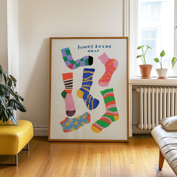 Funky Socks Print, Colorful Home Decor, Sock Lover Gift, Cozy Living Room Poster, Quirky Modern Wall Art, Shoes Off Sign, Fashion Wall Art