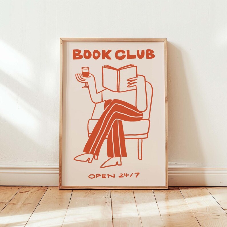 Book Club Wall Art, Reading Nook Decor, Bookish Gift, Wine Lover Print, Cozy Home Decor, Library Art, Bookshelf decor, Framed Book Art