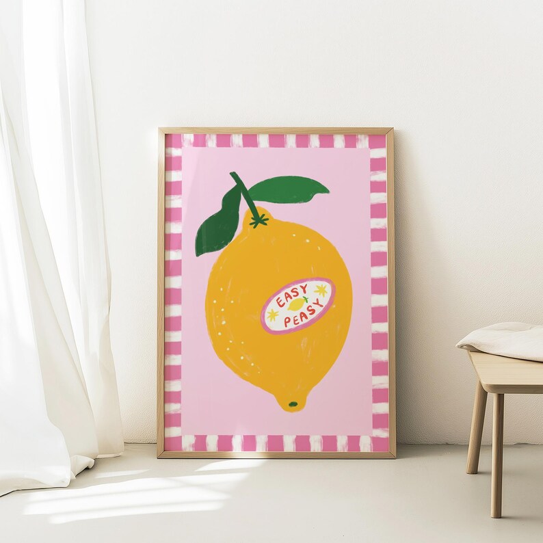 Cheerful hand drawn lemon illustration with playful easy peasy typography, bright yellow citrus fruit wall art in dopamine art style, modern kitchen print with quirky lettering and fun fruit doodles, maximalist summer decor featuring bold colors and happy vibes, trendy food art perfect for kitchen gallery wall, retro inspired fruit illustration with positive message, funky home decor with fresh citrus theme