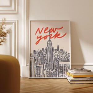 Classic hand drawn illustration of iconic Manhattan skyline featuring Empire State Building and city silhouettes, vintage inspired urban line art capturing New York City's architectural beauty, retro travel poster style with timeless black and white design, minimalist NYC cityscape perfect for modern home office gallery wall, artistic interpretation of Big Apple's famous buildings and landmarks