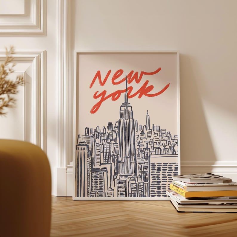 Classic hand drawn illustration of iconic Manhattan skyline featuring Empire State Building and city silhouettes, vintage inspired urban line art capturing New York City's architectural beauty, retro travel poster style with timeless black and white design, minimalist NYC cityscape perfect for modern home office gallery wall, artistic interpretation of Big Apple's famous buildings and landmarks