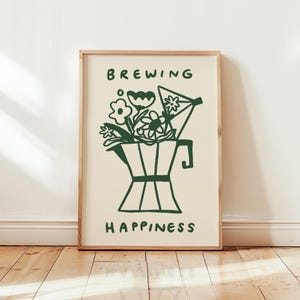 Brewing Happiness Wall Art Print, Coffee Pot Flowers Poster, Kitchen Decor