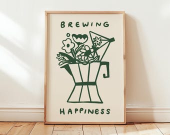 Brewing Happiness Wall Art Print, Coffee Pot Flowers Poster, Kitchen Decor