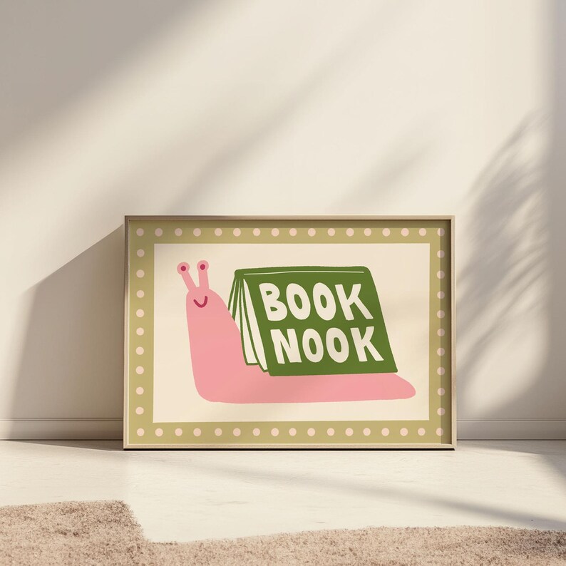Playful pink book snail illustration with Book Nook text. Contemporary maximalist art print featuring retro-inspired design. Funky bookish wall decor, groovy library art, bibliophile gift print