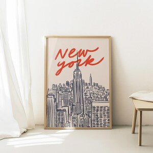 Classic hand drawn illustration of iconic Manhattan skyline featuring Empire State Building and city silhouettes, vintage inspired urban line art capturing New York City's architectural beauty, retro travel poster style with timeless black and white design, minimalist NYC cityscape perfect for modern home office gallery wall, artistic interpretation of Big Apple's famous buildings and landmarks