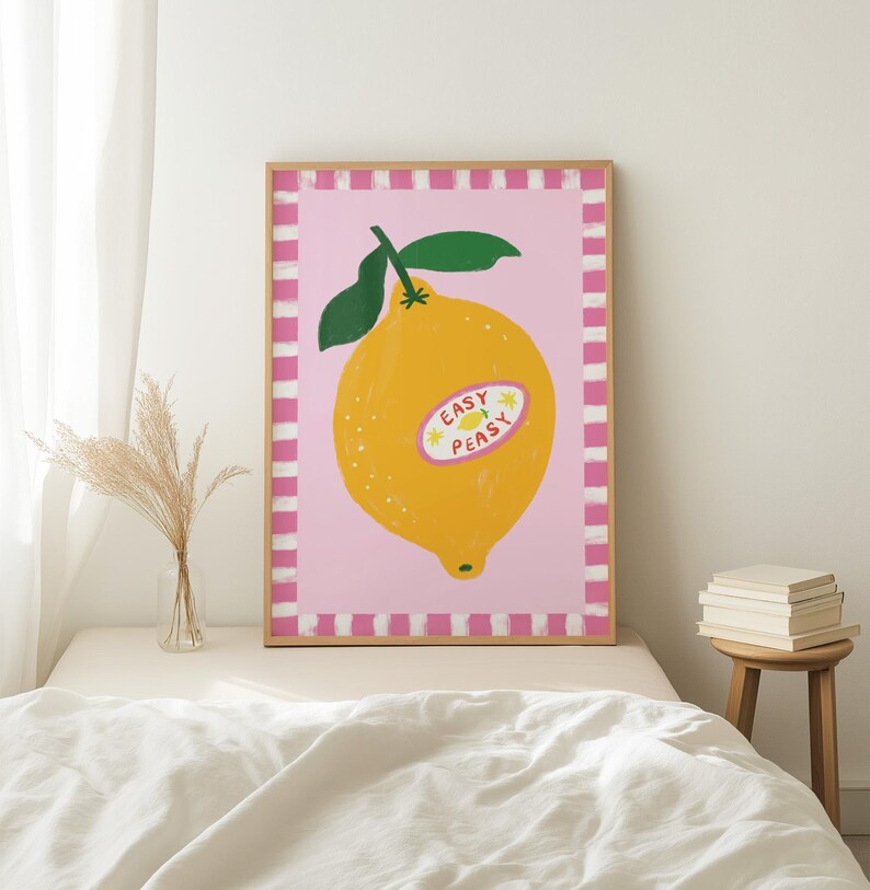 Cheerful hand drawn lemon illustration with playful easy peasy typography, bright yellow citrus fruit wall art in dopamine art style, modern kitchen print with quirky lettering and fun fruit doodles, maximalist summer decor featuring bold colors and happy vibes, trendy food art perfect for kitchen gallery wall, retro inspired fruit illustration with positive message, funky home decor with fresh citrus theme