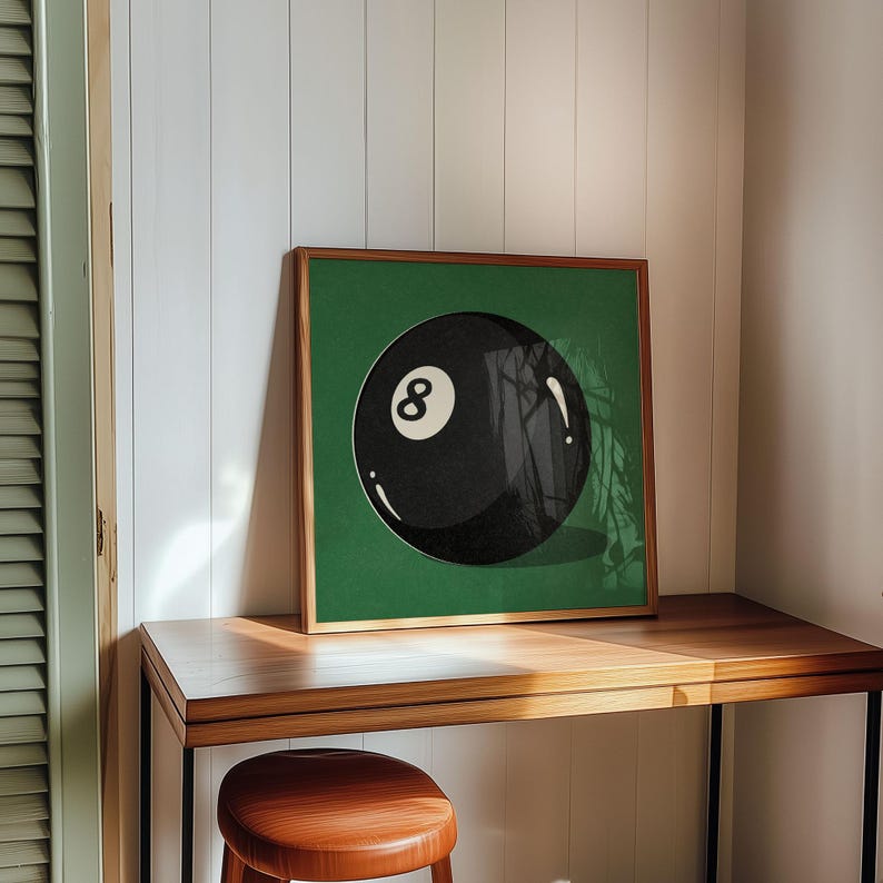 Retro-styled illustration featuring the iconic eight ball from billiards, designed with vintage appeal and classic gaming nostalgia. Art print perfectly suited for pool rooms, man caves, game rooms, sports bars, or den areas. Traditional billiards memorabilia inspired artwork with timeless appeal for vintage sports decor enthusiasts.