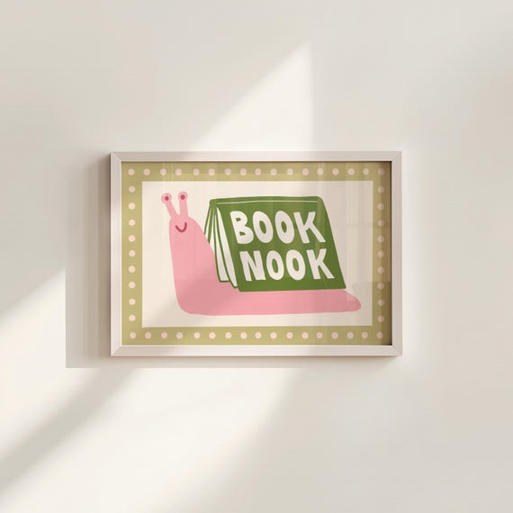 Bookish Wall Art, Children Book Nook Print, Green Snail Poster, Retro Library Decor, Book Lover Gift, Cute Reading Corner, Book Worm Poster