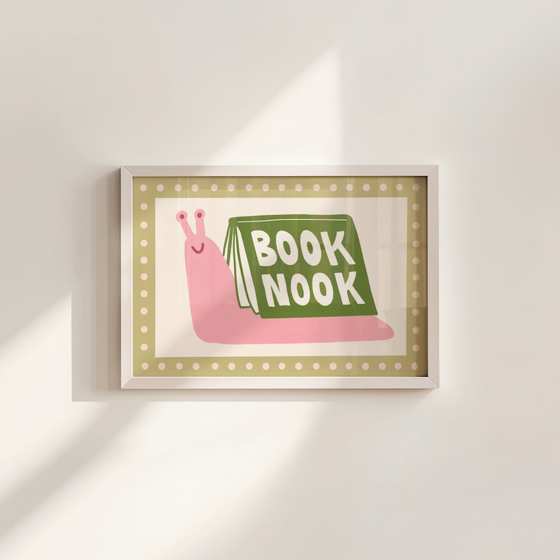 Playful pink book snail illustration with Book Nook text. Contemporary maximalist art print featuring retro-inspired design. Funky bookish wall decor, groovy library art, bibliophile gift print