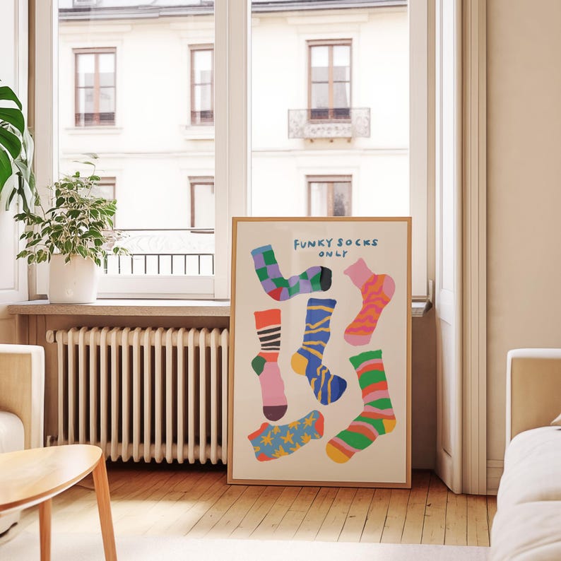 Maximalist illustration featuring a collection of vibrant patterned socks arranged in a playful composition. Perfect for maximalist decor enthusiasts, sock collectors, fashion lovers looking for unique wall art. Ideal decoration for laundry rooms, mudrooms, walk in closets, teen bedrooms, dorm rooms, or any space needing a pop of personality. Hand drawn illustration with dopamine color palette and retro inspired patterns brings quirky character to contemporary interiors.