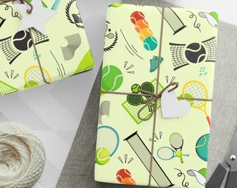 May include: A set of three wrapping paper sheets with a tennis theme. The paper features a light green background with various tennis-related illustrations, including rackets, balls, and nets. The paper is perfect for wrapping gifts for tennis enthusiasts.