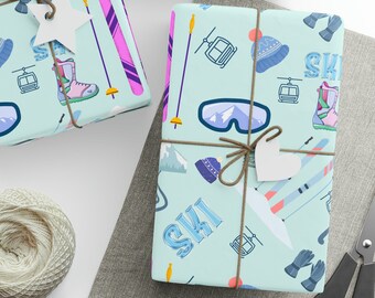 Papel de embrulho para esqui, papel de embrulho para esportes de inverno, presente para esquiador, rolos de papel de embrulho, presente para amigo, decoração para amantes de esqui, presente para esquiadores alpinos