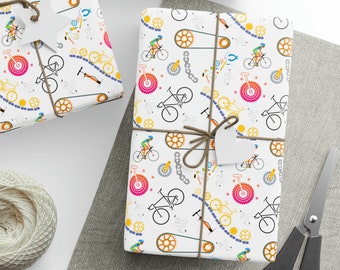 Inpakpapier fietsen, cadeau voor fietser, kleurrijke fietspapier wrap, mat of glanzend papier in twee maten, cadeau voor fietsliefhebber