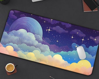 Alfombra de escritorio Pastel Galaxy, lindas estrellas y planetas estéticos, almohadilla de ratón espacial Kawaii, accesorio de escritorio para jugadores, almohadilla de juego extendida, decoración de arte espacial