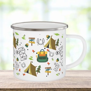 Tasse de camping en plein air, cadeau pour campeur, cadeau unique de randonnée aventure pour amoureux de la nature, tasse émaillée de randonnée en montagne, jolie tasse enveloppante