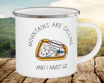 Hiking Enamel Mug, Mountain Climber Mug, Hiker Camping Mug, Outdoor Coffee or Tea Cup, Campfire Mug, Hiking and Nature Lover Outdoorsy Gift