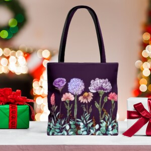 Flower Tote Bag, Floral Print with Black Background Shoulder Bag, Large Canvas Tote Bag, Bookworm Bag, Plant Lover Gift Everyday Grocery Bag