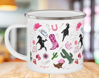 Cowgirl Camping Mug, Pink Cowgirl Mug, Ranch Mama Enamel Mug, Gift for Horse Lover, Western Vibes Gift, Long Live Cowgirls, Rodeo Coffee Cup