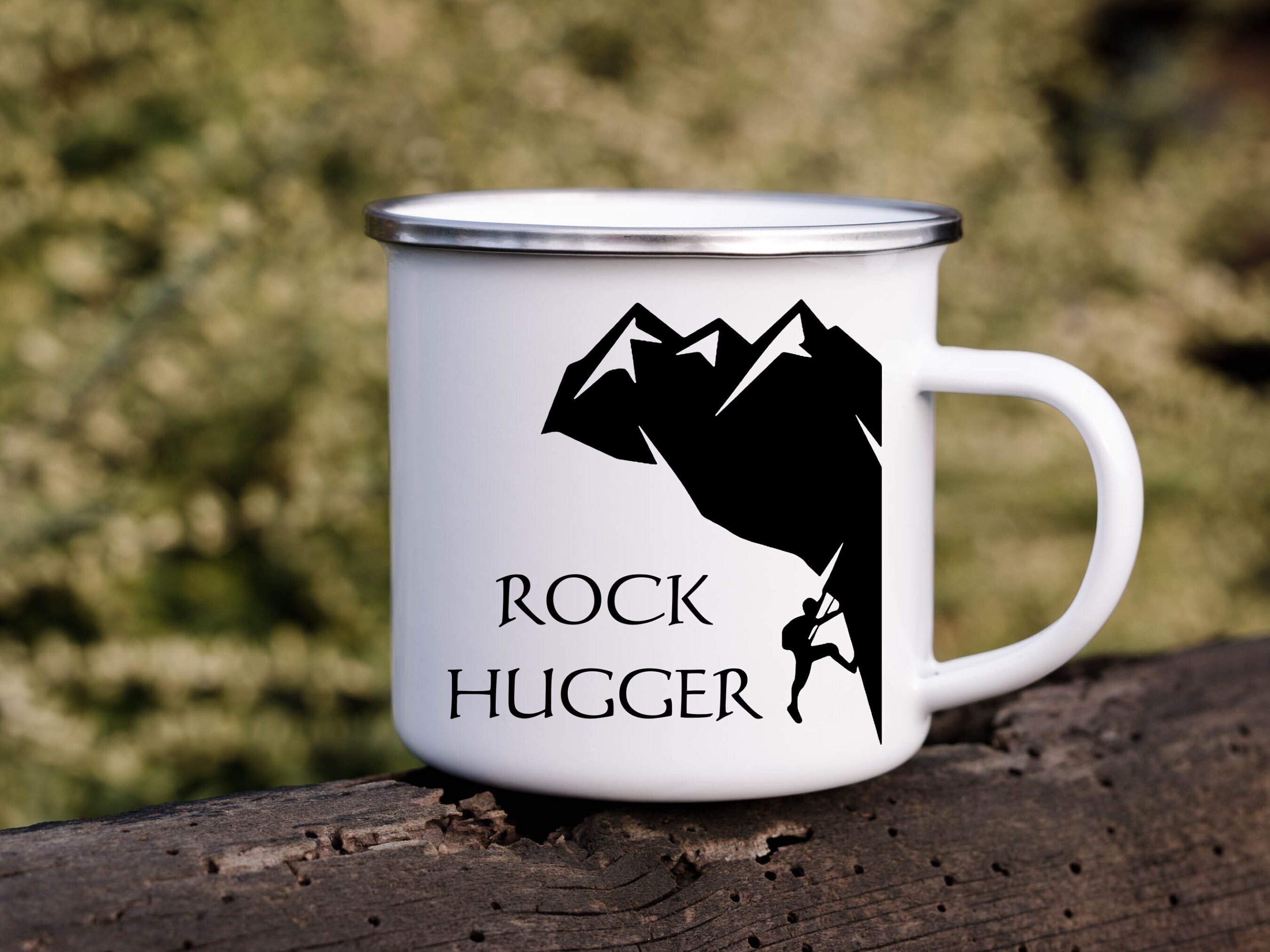 Rock Hugger Enamel Mug, Funny Rock Climbing Mug, Gift for Climber Boulderer, Lead Sport Climber