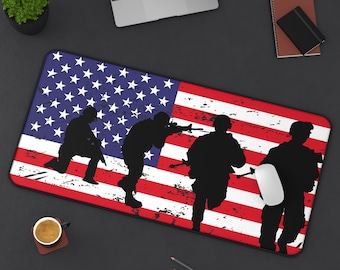 American Soldier Desk Mat, Extended Gaming Mouse Pad, USA Flag Mousepad, Patriotic Desk Accessory, Gift for Veteran, Aesthetic Keyboard Pad