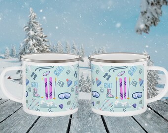 Skiing Enamel Mug, Gift for Skier, Campfire Mug, Gift for Adventurer, Winter Theme Wraparound Mug, Ski Accessories Design, Outdoors Mug