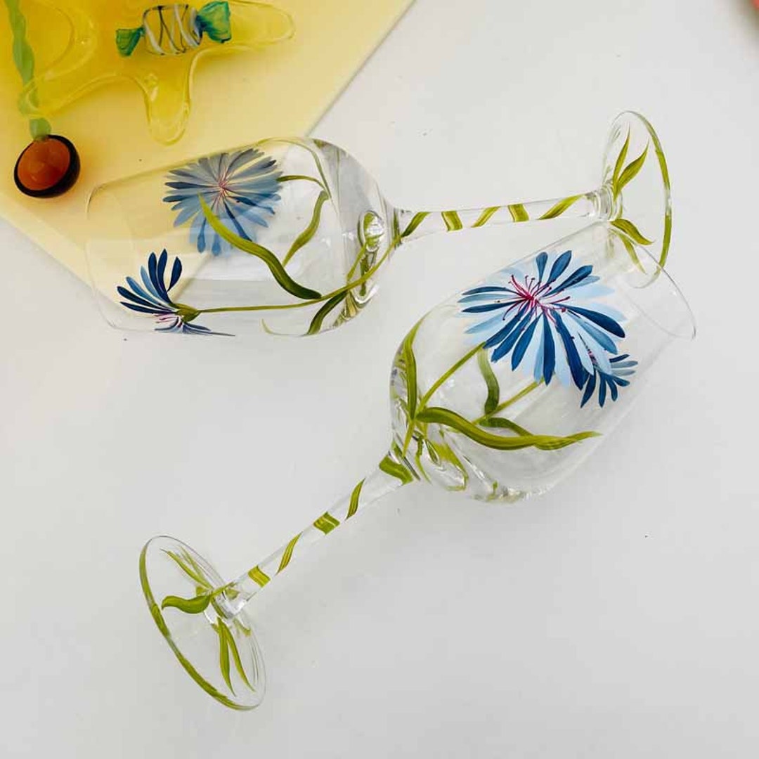 Handpainted Cornflower Wine Glass Wine Glasses Flower Etsy