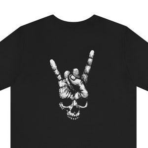 Skull Horns, Rock Hand, Design On Back, Heavy Metal Rock N Roll T-Shirt on Skull Tee, Rock Horns Skull Tshirt,Unisex Short Sleeve
